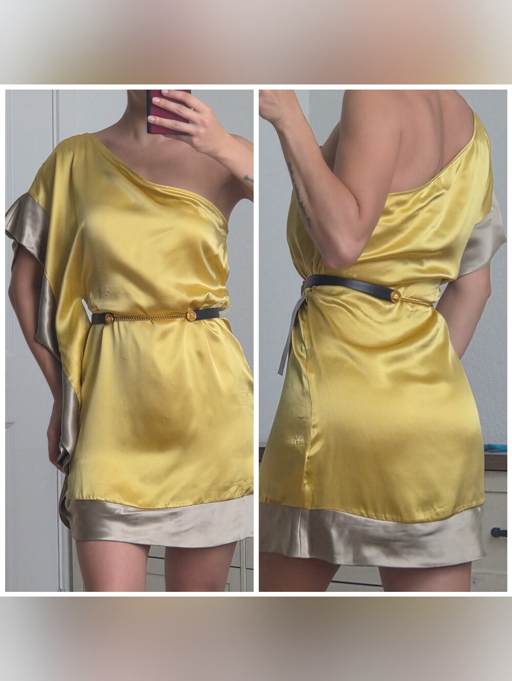 Bebe One Shoulder 100%Silk Mini Dress, Size XS, Yellow, No Belt
